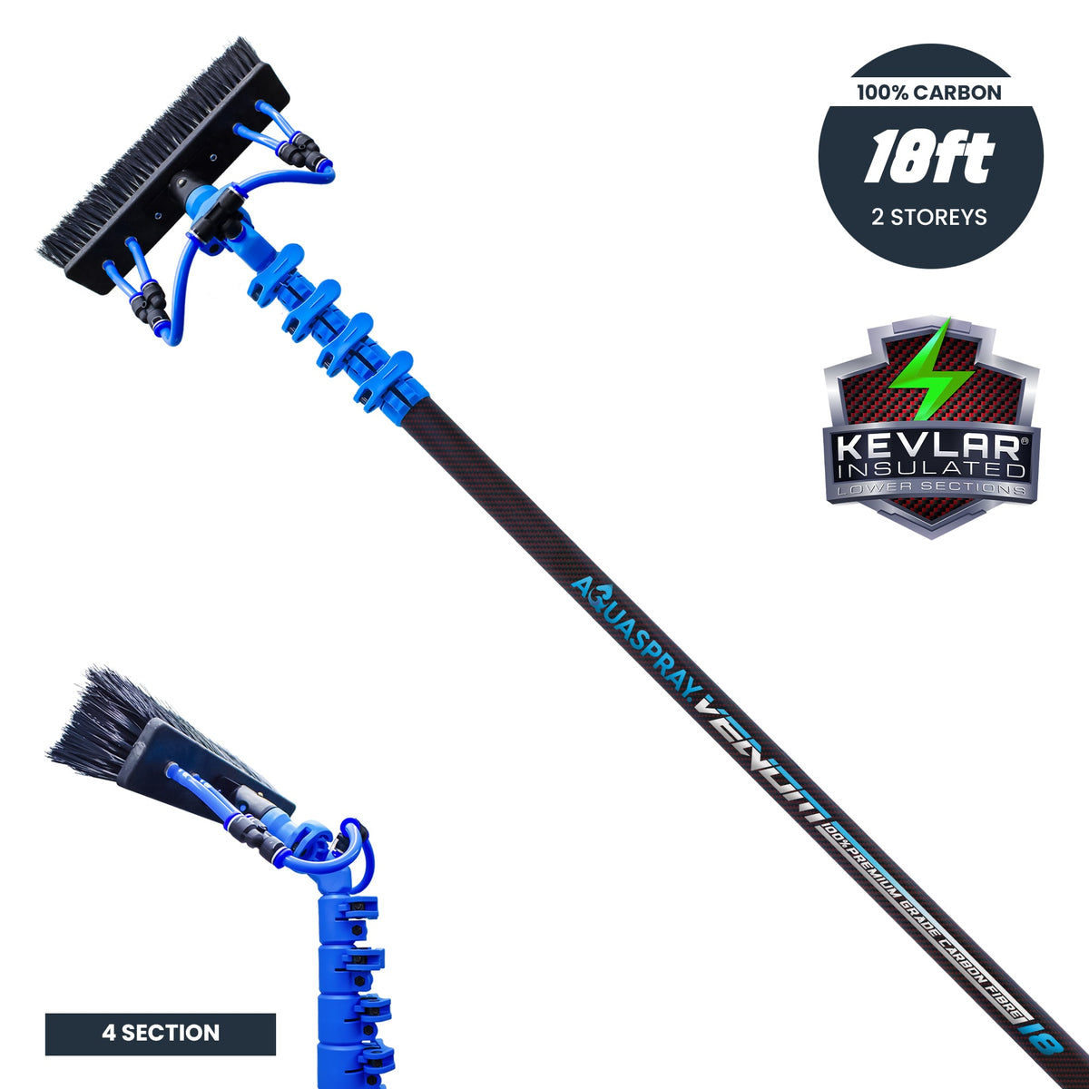 Aquaspray® Venom 18ft Kevlar Insulated 100% Carbon Fibre Waterfed Window Cleaning Pole 4-Section