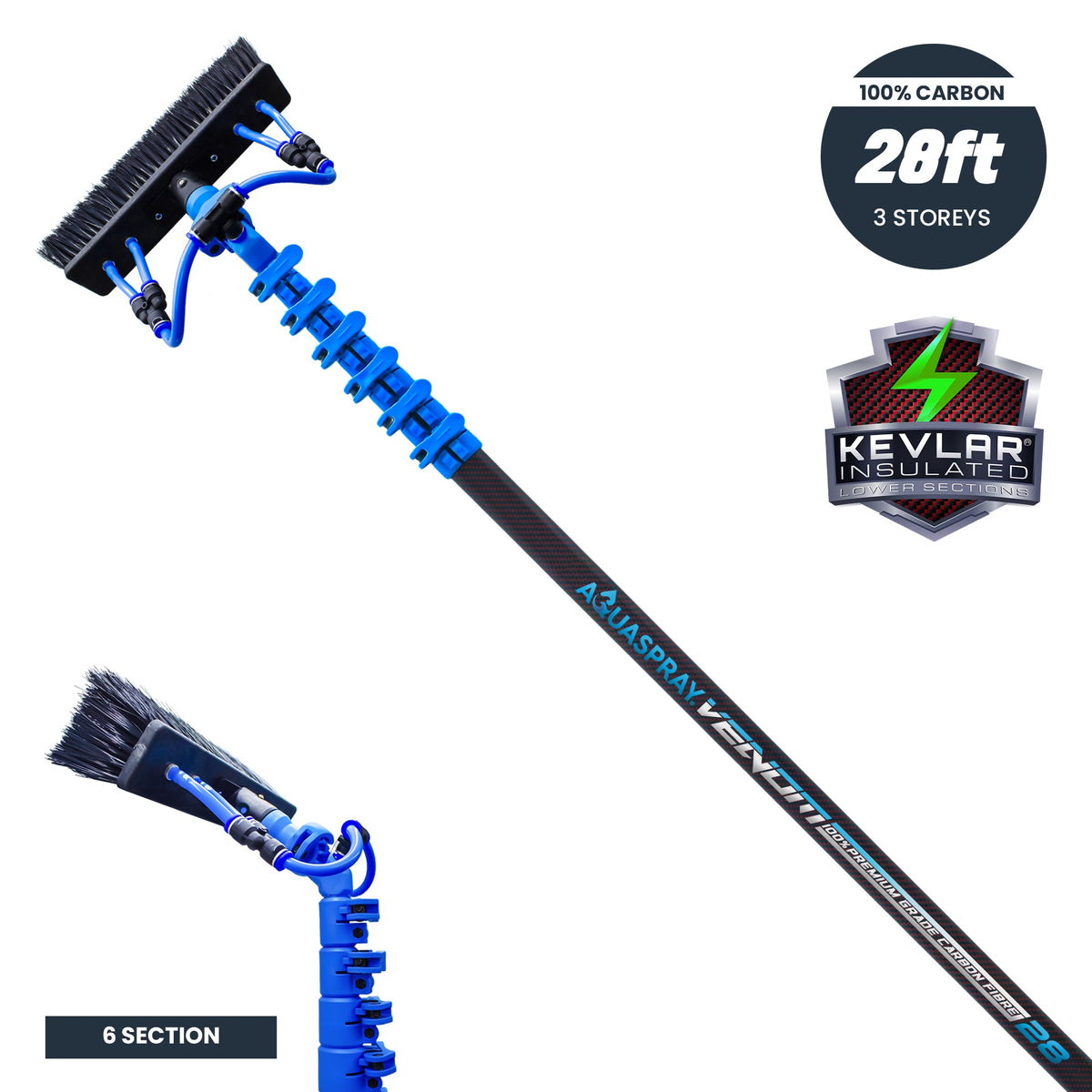 Aquaspray® Venom 28ft 100% Carbon Kevlar Insulated Waterfed Window Cleaning Pole 6-Section