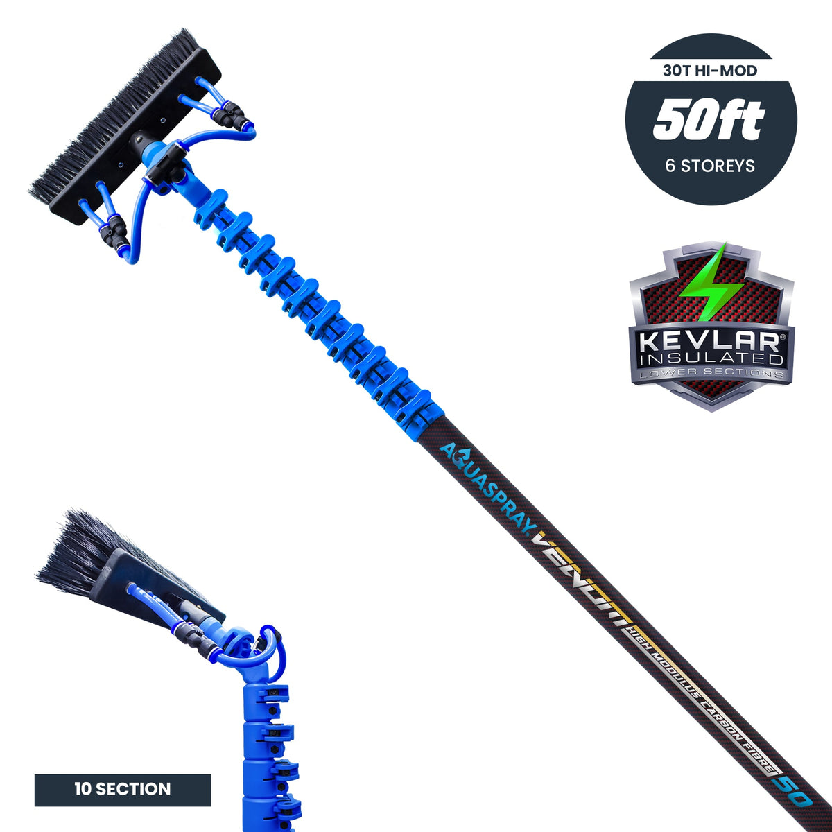 Aquaspray® Venom 50ft Kevlar Insulated 30T High-Mod Waterfed Window Cleaning Pole – 10-Section