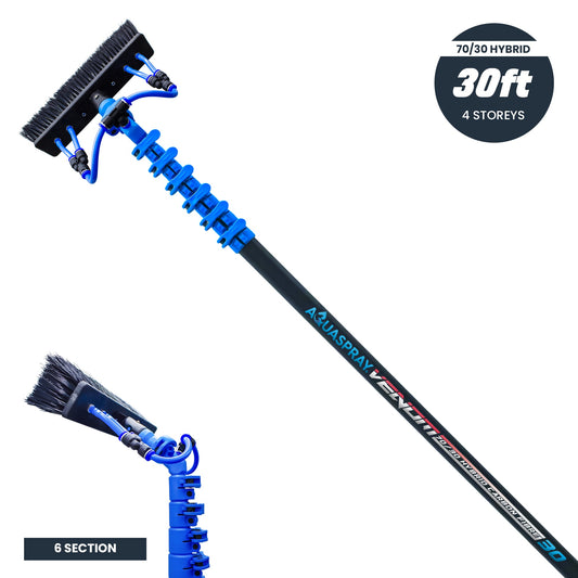 Aquaspray® Venom 30ft Hybrid 70% Carbon, 30% Fiberglass Waterfed Window Cleaning Pole – 6 Sections