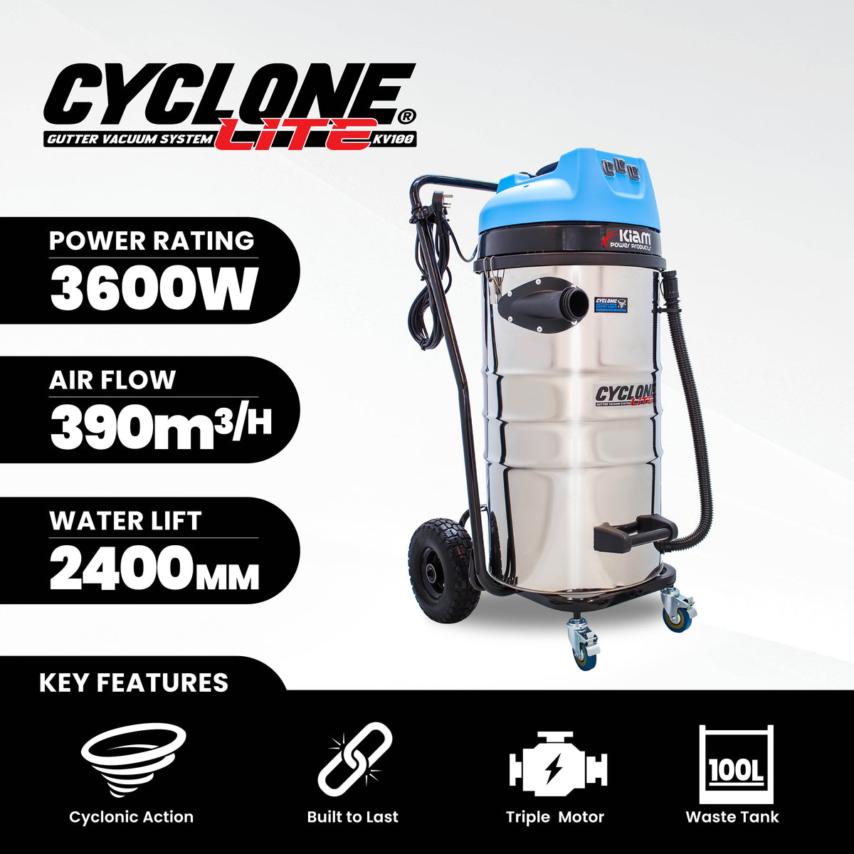 Cyclone Lite® KV100 Gutter Vacuum 3600W - Side Entry