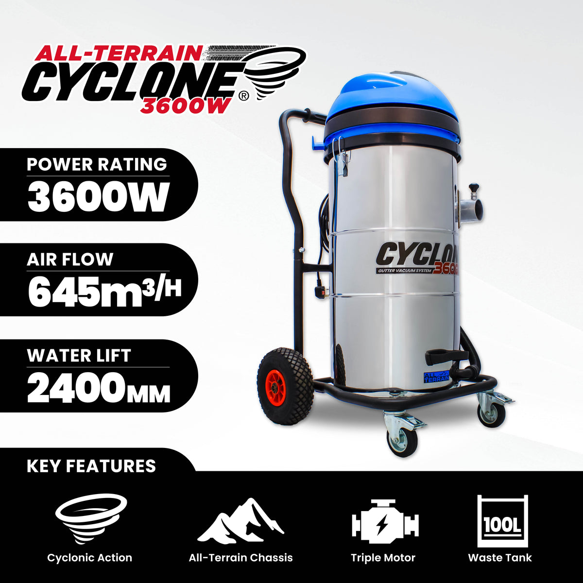 Kiam CYCLONE® All Terrain Gutter Vacuum System 3600W 100L Stainless Steel