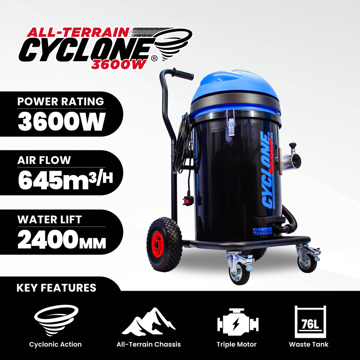 Kiam CYCLONE® All Terrain Gutter Vacuum System 3600W 76L Polypropylene (Black)